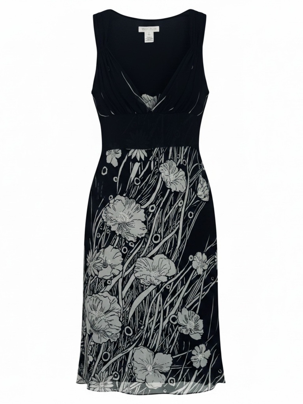 White House Black Market Black Dress with White Floral Print self 100% silk
